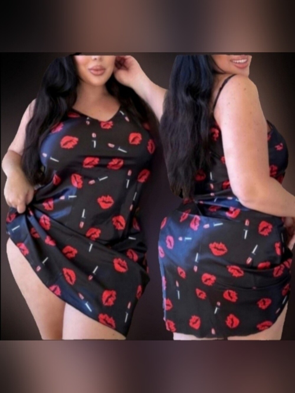 Avid Love blk red lips lipstick graphics silky spaghetti strap nightie XXL NWOT